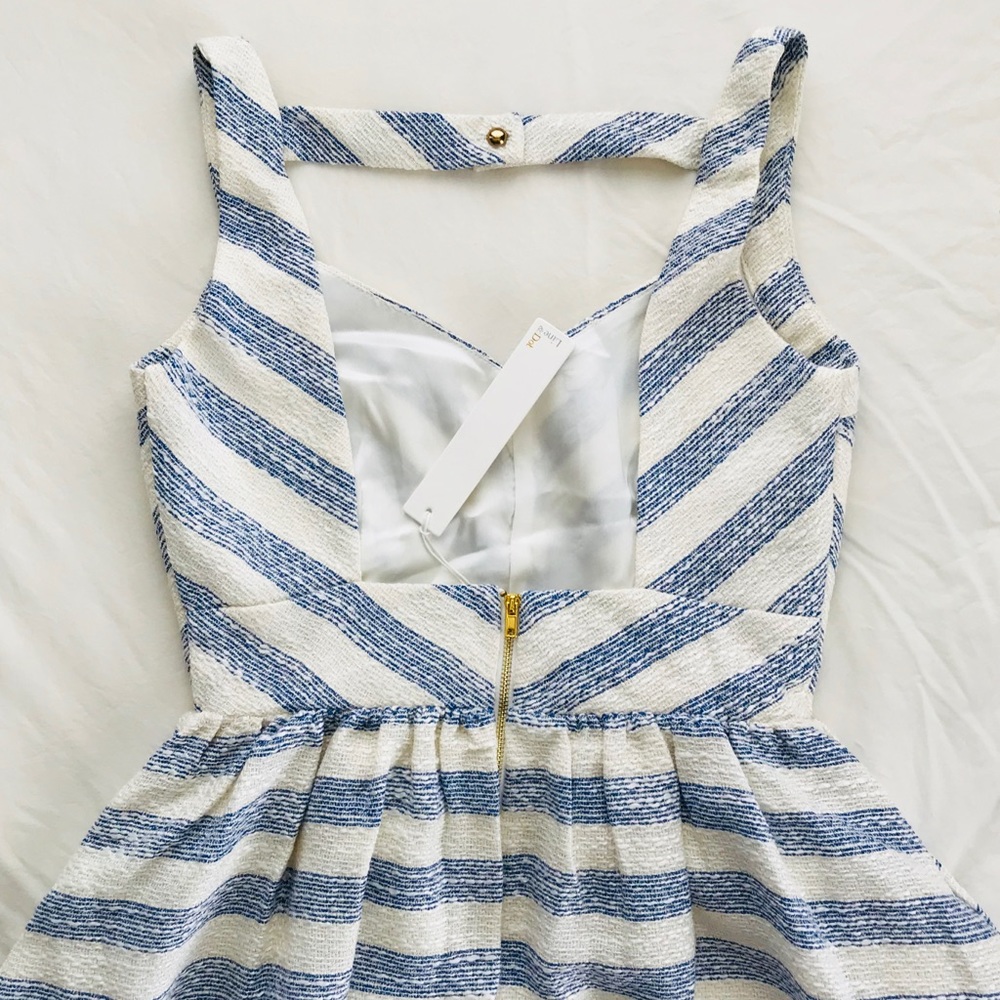 Striped Blue and Cream Tea Dress with Gold Accent